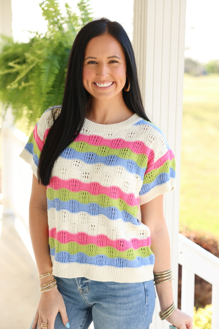 Retro Summer Multi Stripe Textured Crochet Sweater Top