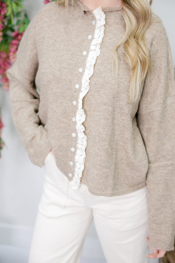 Button Front Lace Trim Knitted Cardigan "Mocha"