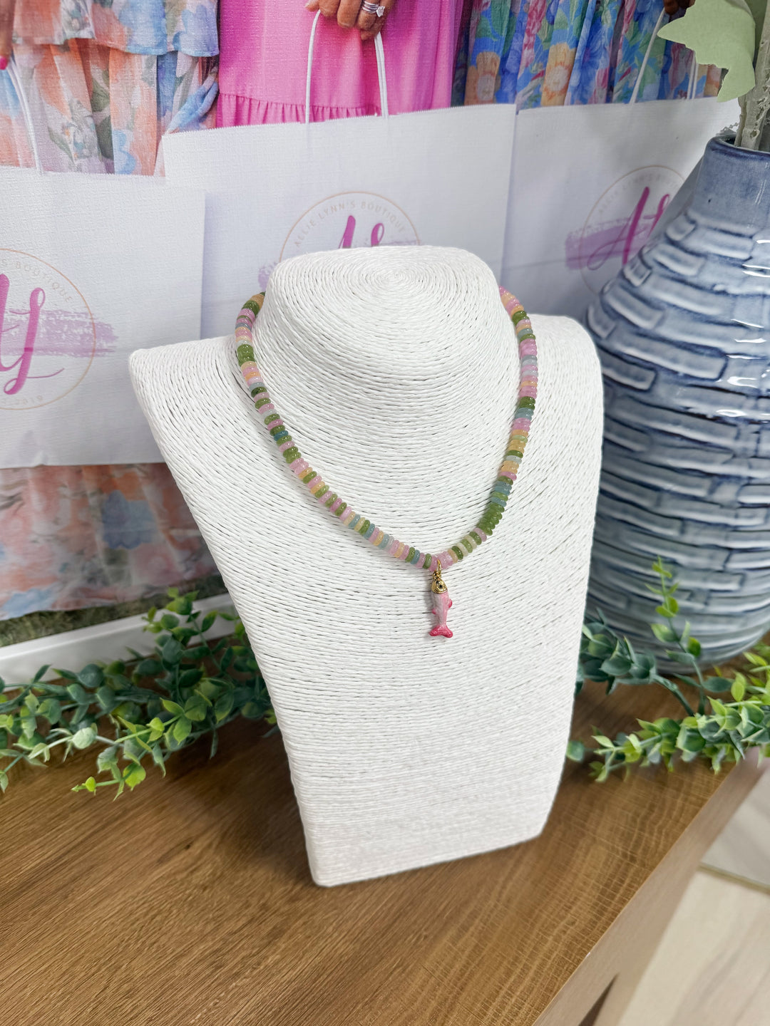 Hart Designs Jewelry - Pastel Multi Beaded Necklace "Pink Fish Charm"