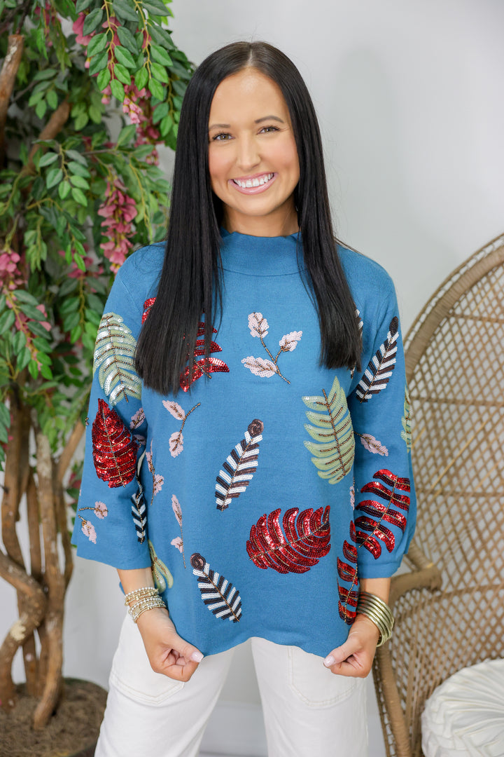 Sequin Embellished Mock Neck Sweater "Teal"