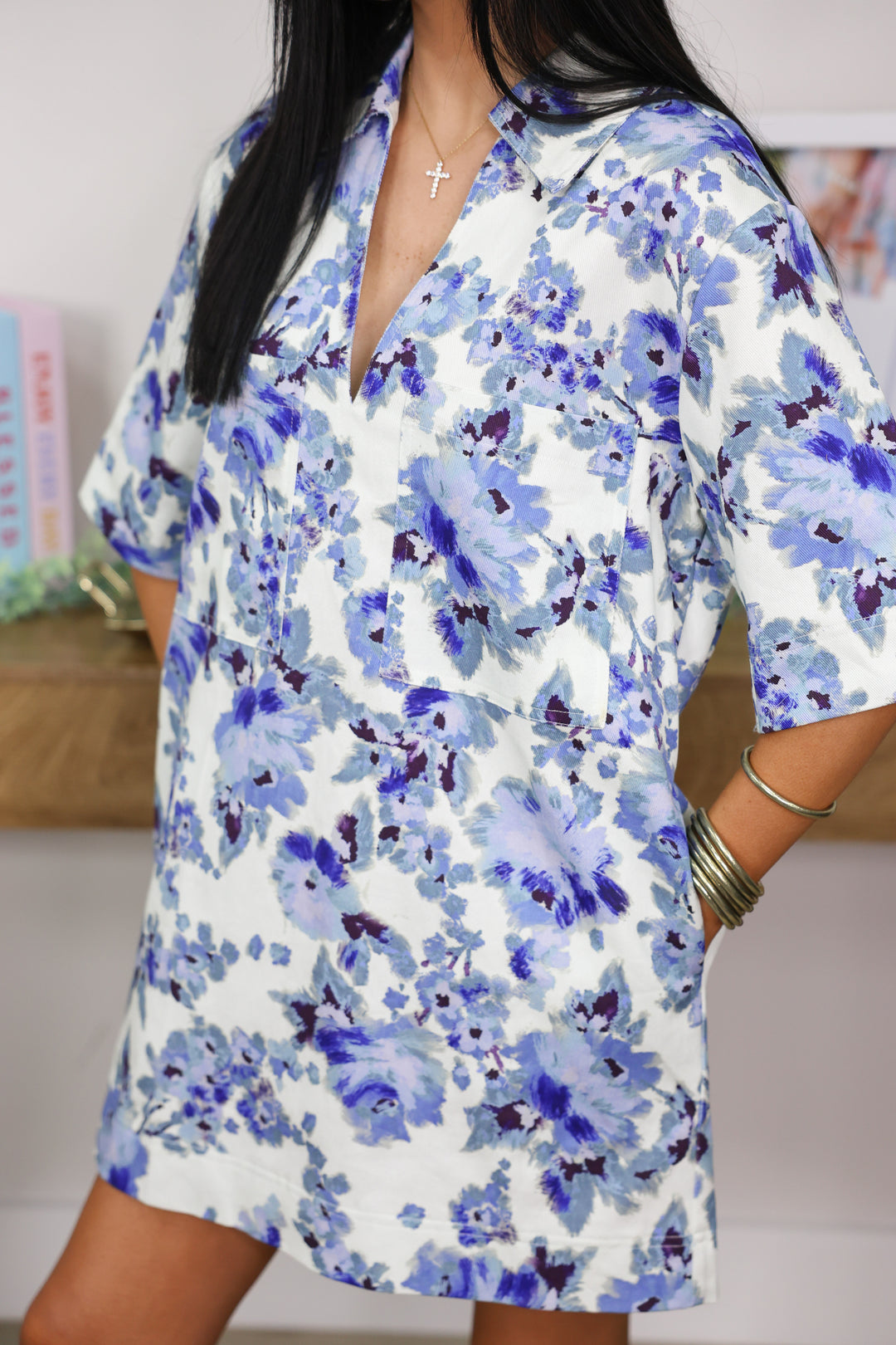 Carley Floral Collared Dress "Natural Blue"