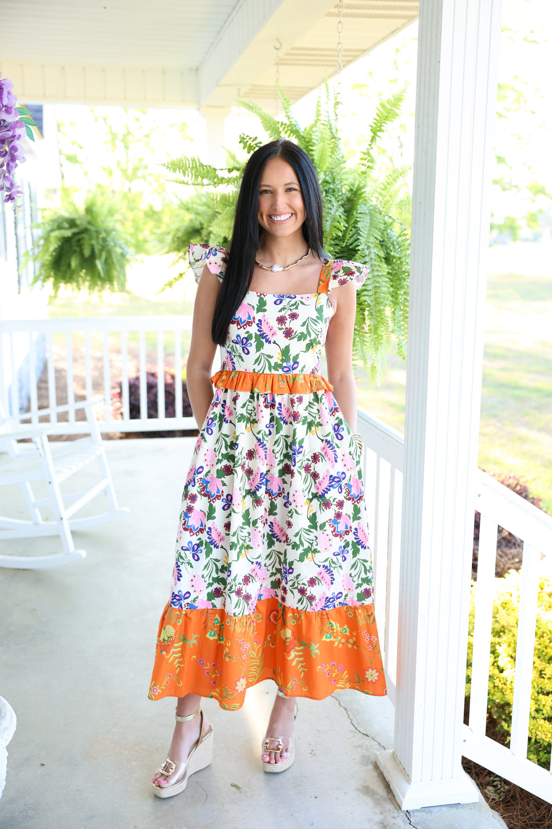 Exotic Garden Party Midi Dress "Orange Multi"