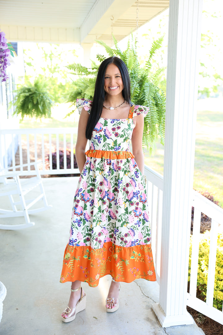 Exotic Garden Party Midi Dress "Orange Multi"