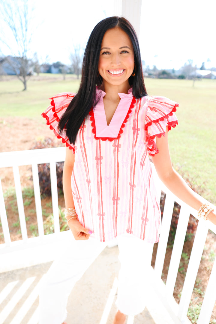 Bowtastic Ruffle Top "Pink/Red"