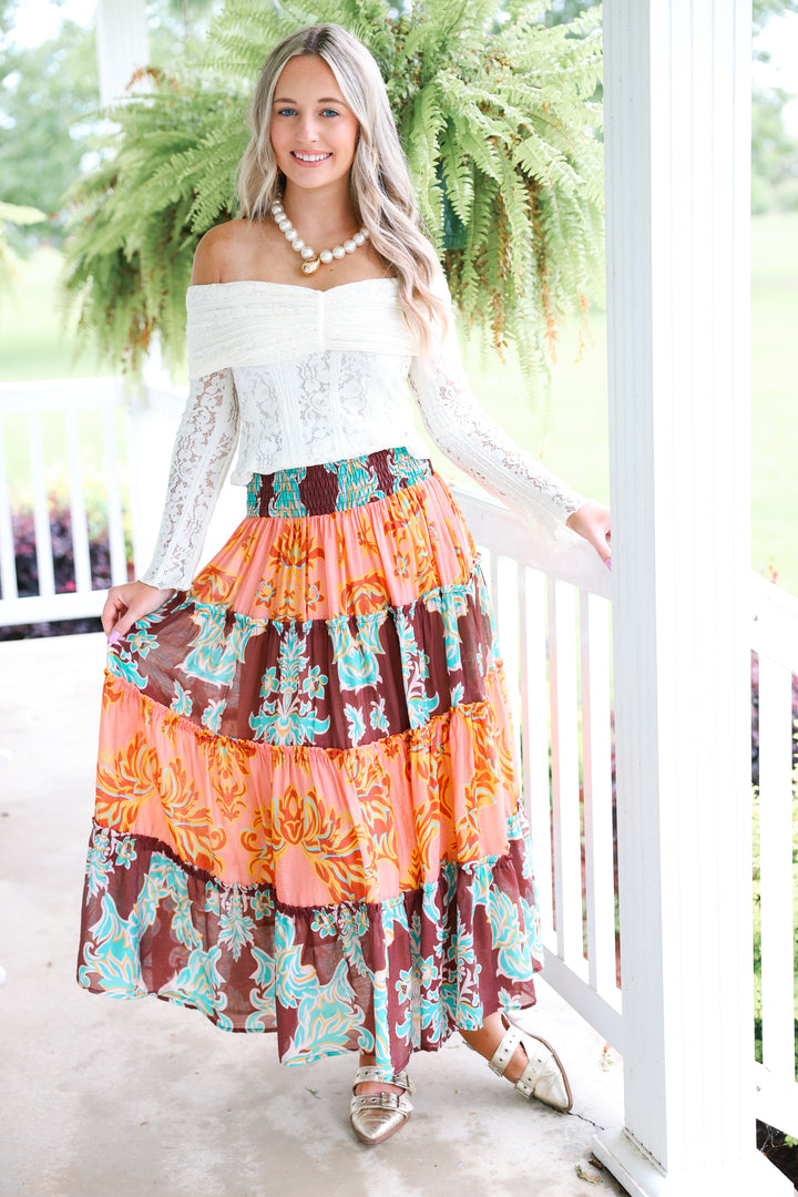 Boho Tiered Maxi Skirt "Coral Paradise"