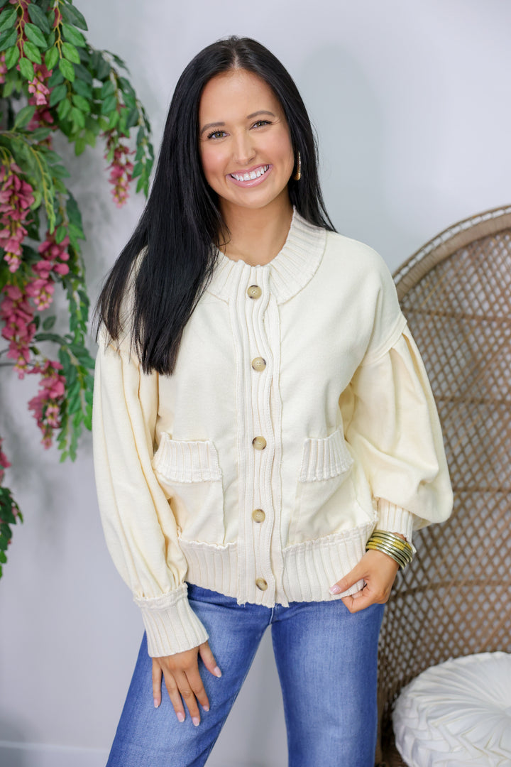 Solid Long Sleeve Knit Cardigan "Ecru"