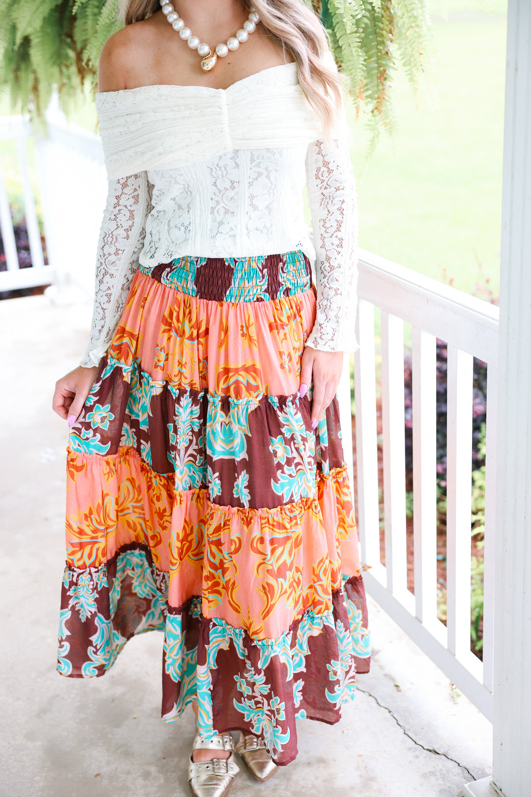 Boho Tiered Maxi Skirt "Coral Paradise"