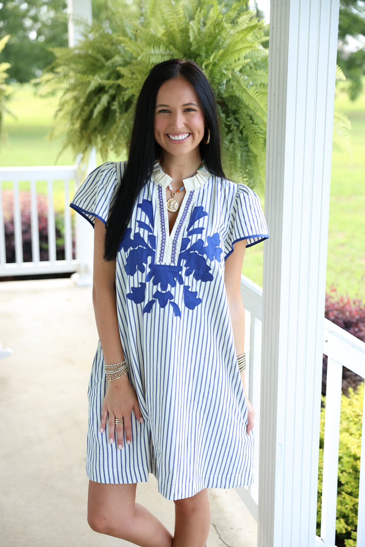 Stripe Ruffle Neck Dress W/ Abstract Applique "Blue"