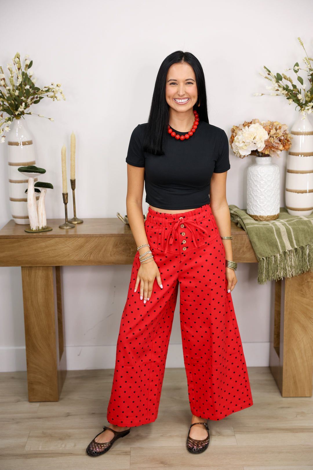 Front Button Up Wide Leg Polka Dot Pants "Red"