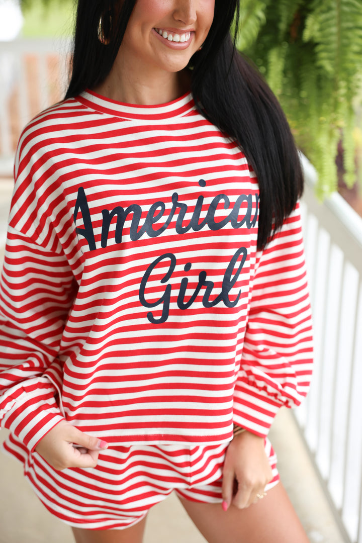 'American Girl' Long Sleeve Top & Shorts Set "Red/White"