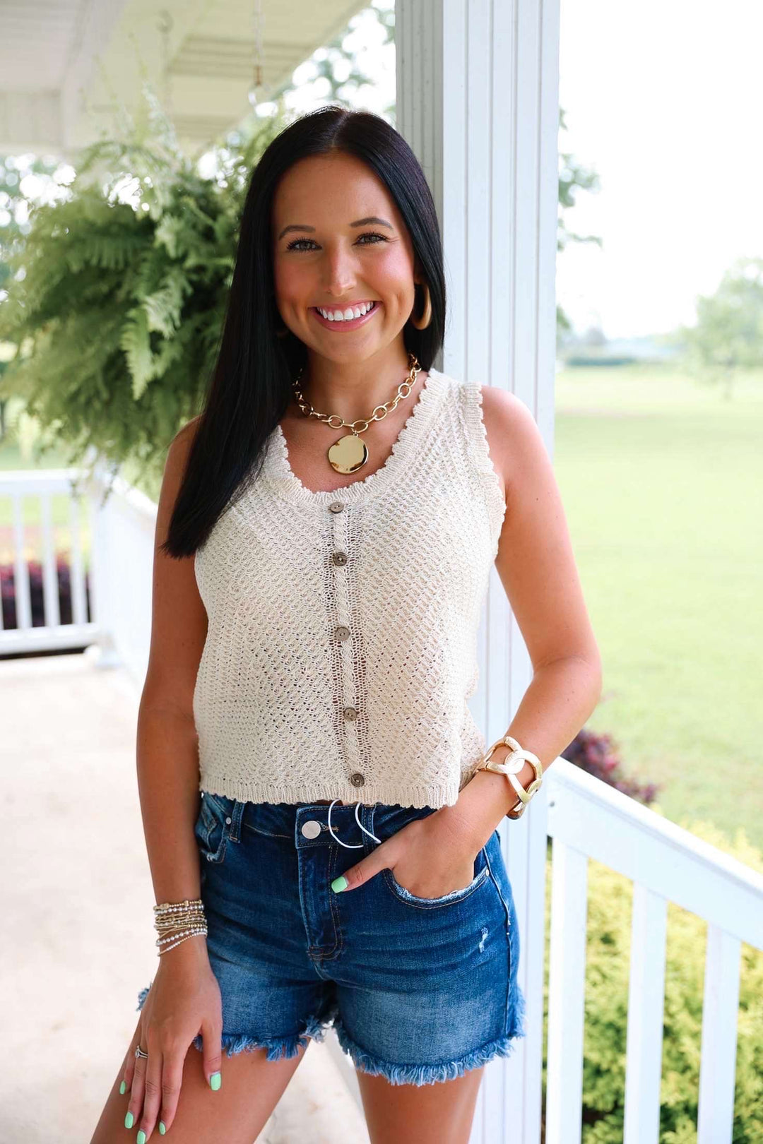 Buttoned Front Lightweight Tank Top "Natural"