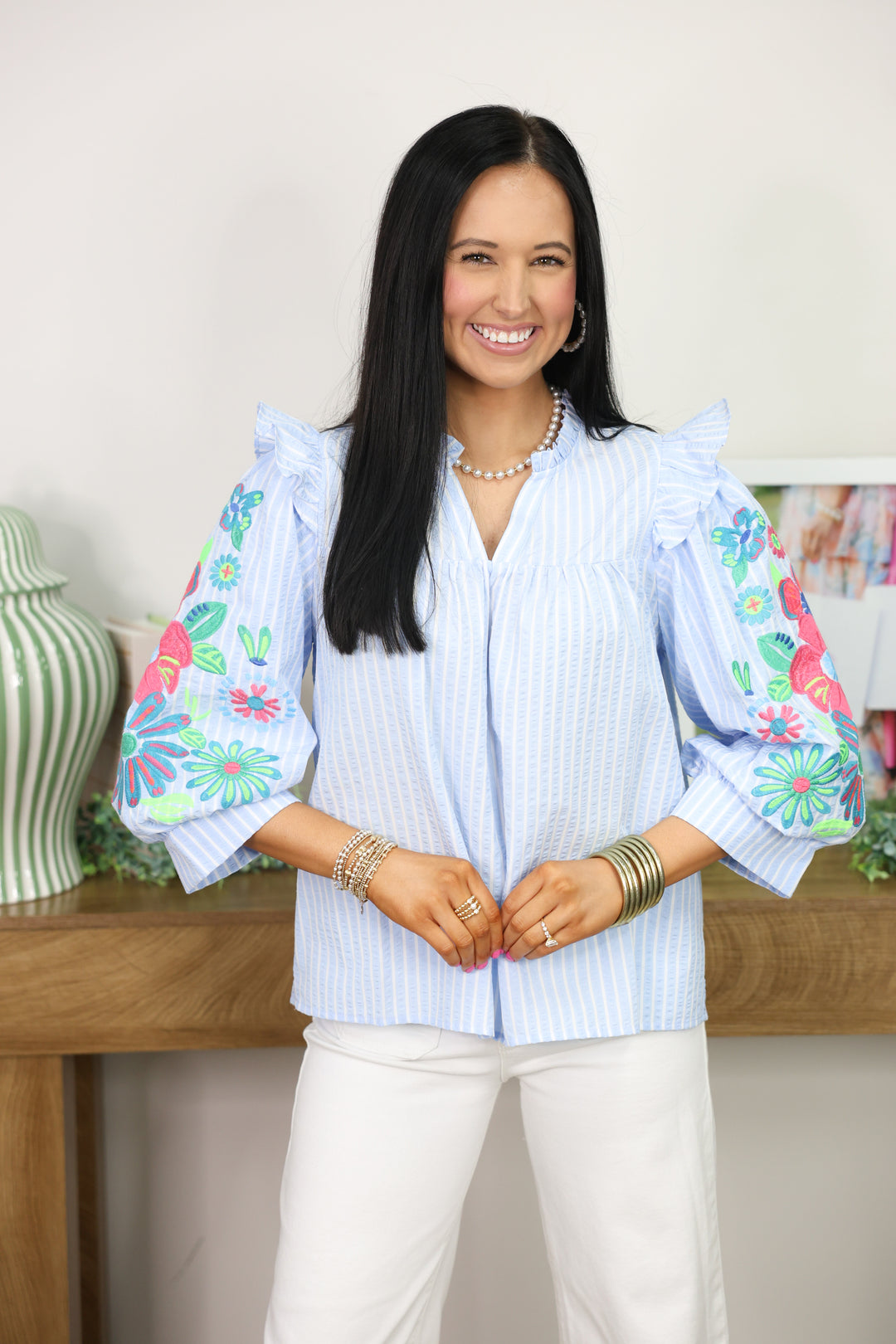 Embroidered Sleeve Stripe Top "Blue"