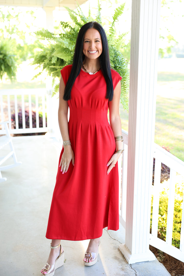 Solid Cap Sleeve W/ Pintuck Waist Midi Dress "Red"