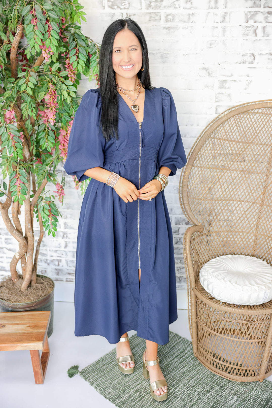 Gracious Zipper Midi Dress "Navy"