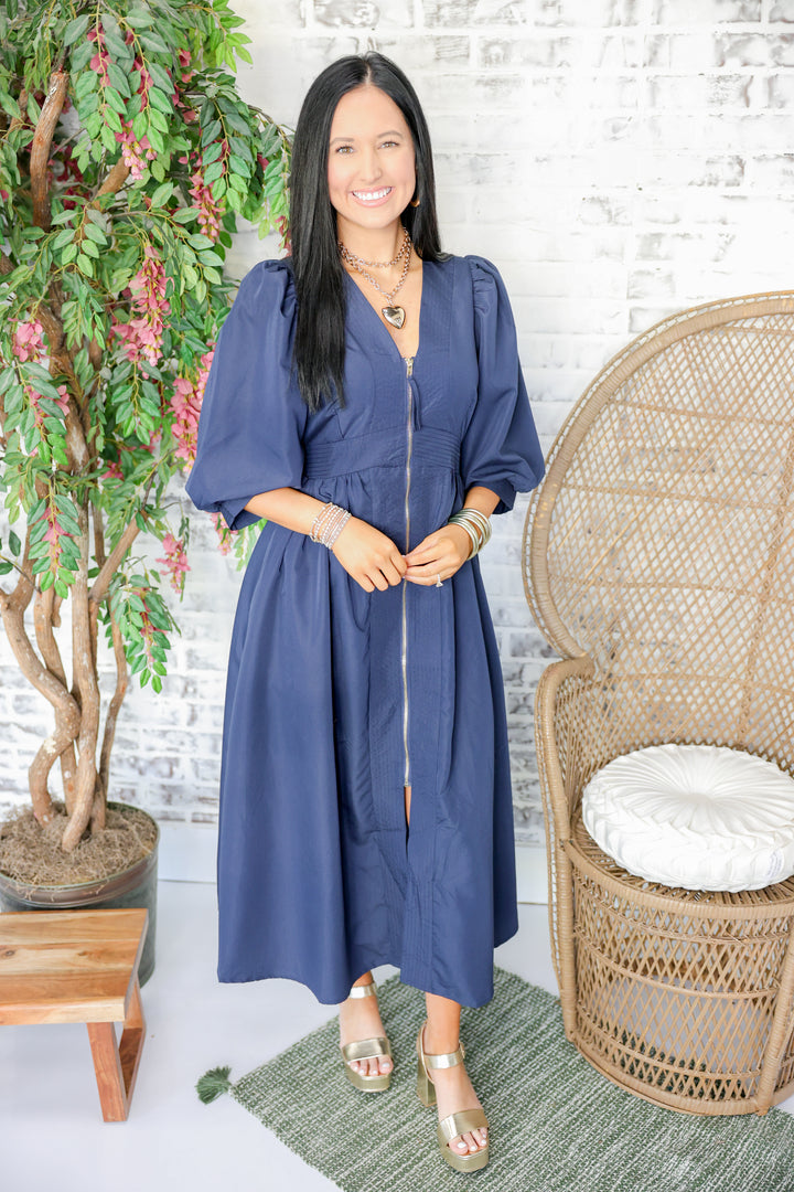 Gracious Zipper Midi Dress "Navy"