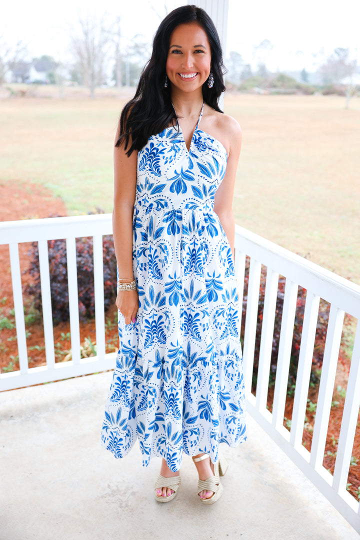 Happily Ever Halter Neck Dress "White/Blue"