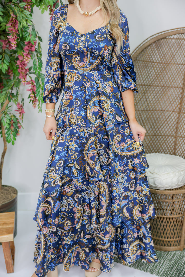 Scarlett Satin Tiered Dress "Navy"