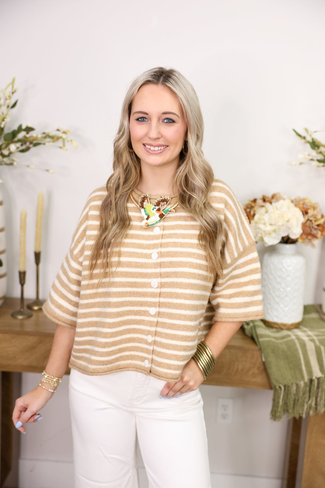 Striped Button Front Knit Top "Sand"