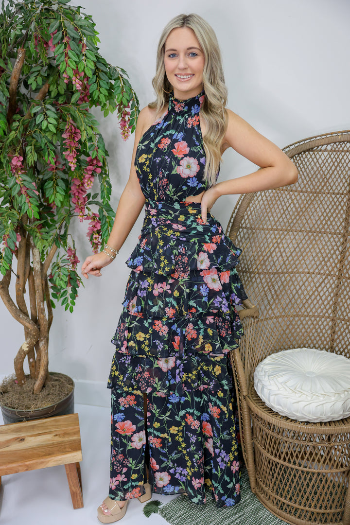 High Neck Halter Waist Cut Out Ruffle Maxi Dress "Black Floral"