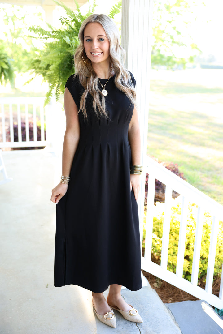 Solid Cap Sleeve W/ Pintuck Waist Midi Dress "Black"