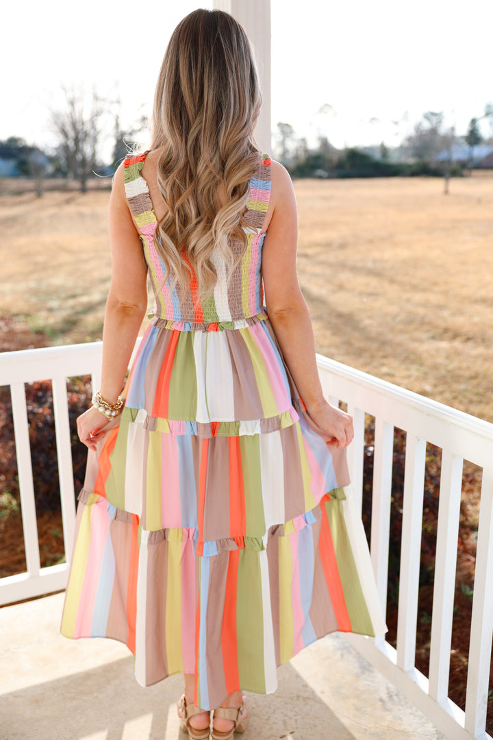 Sassy Striped Midi Dress "Pastel Multi"