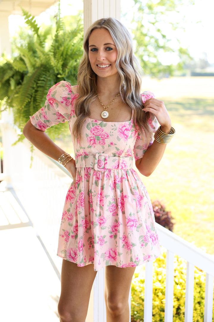 Maria Floral Belted Puff Sleeve Mini Dress