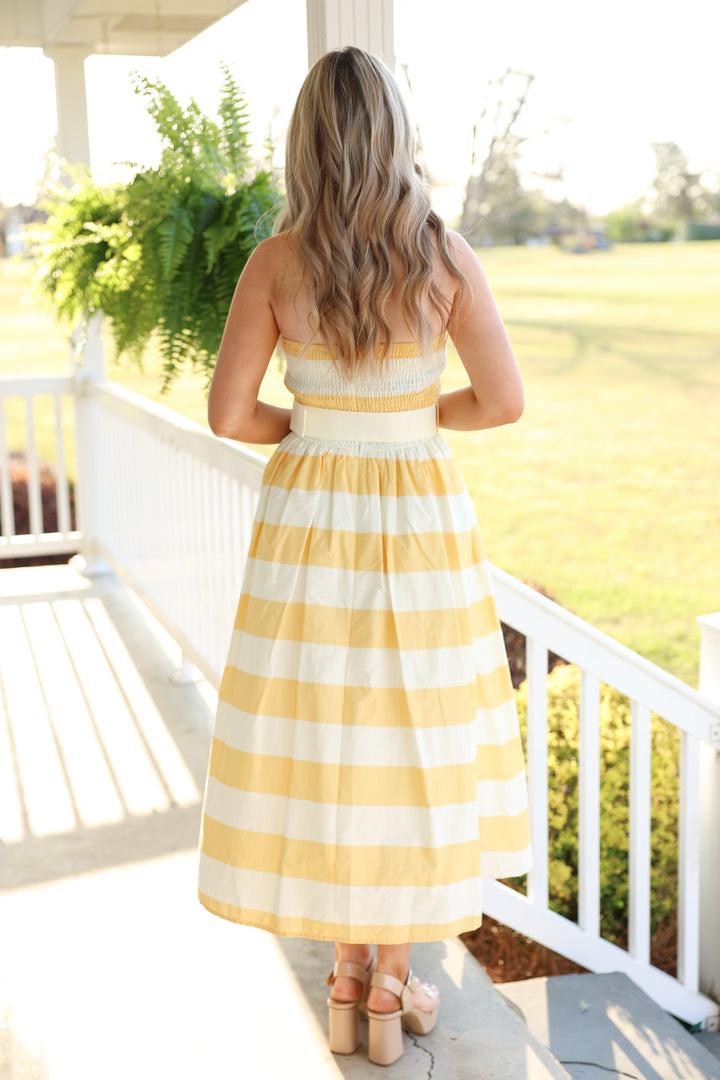 Sunshine Stripes Strapless Midi Dress "Lemon"