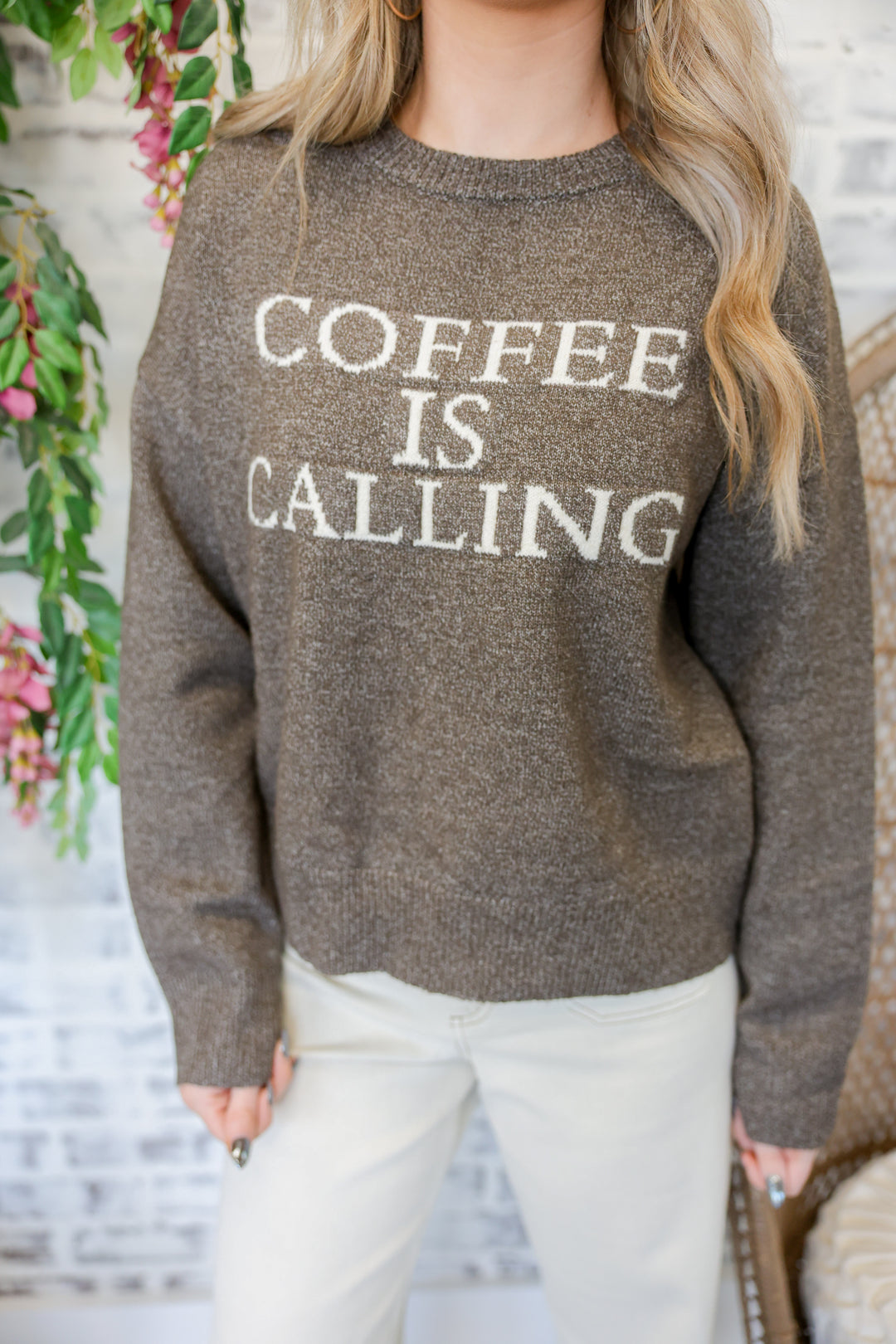 Crew Neck Long Sleeve "Coffee is Calling" Sweater Top "Coco"