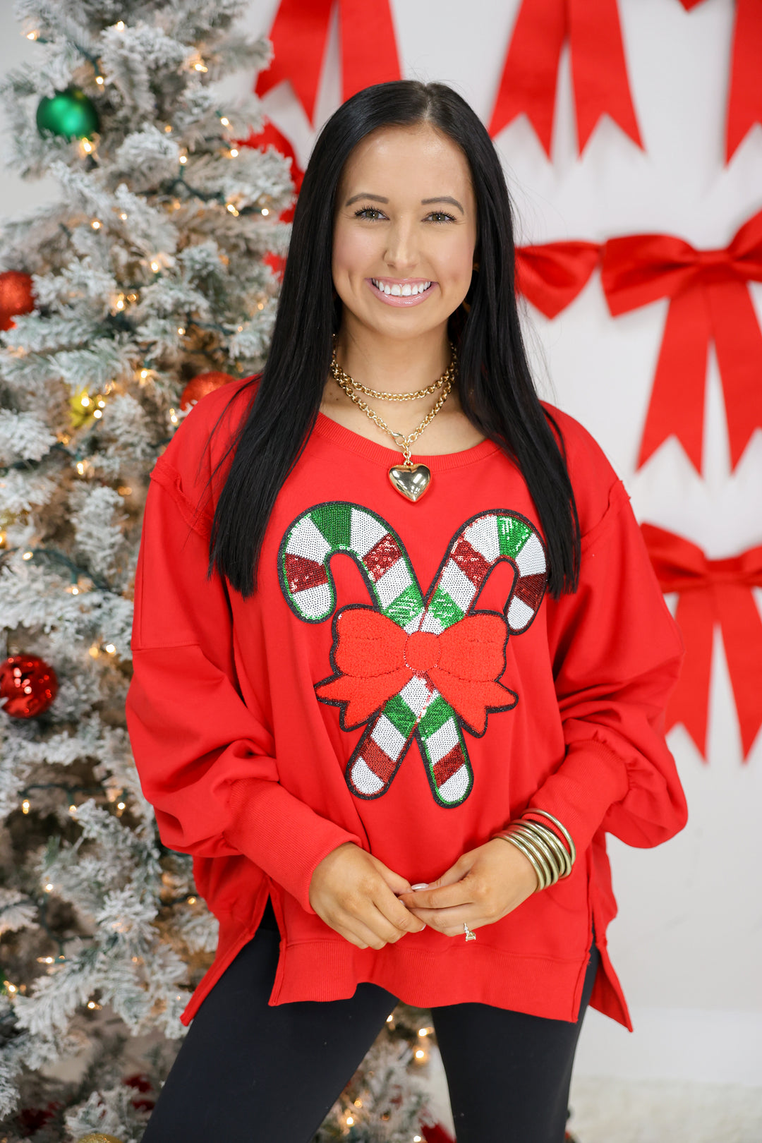 Candy Cane Sequin Dropped Shoulder Sweatshirt "Merry Red"