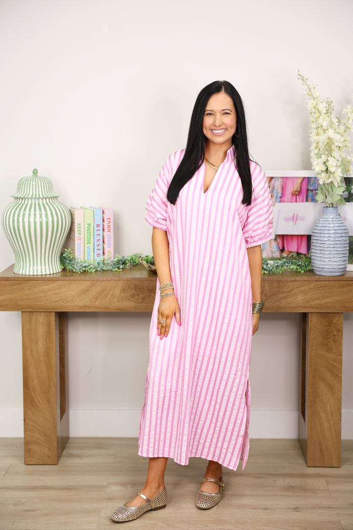 Stripe Textured Midi Dress "Pink"