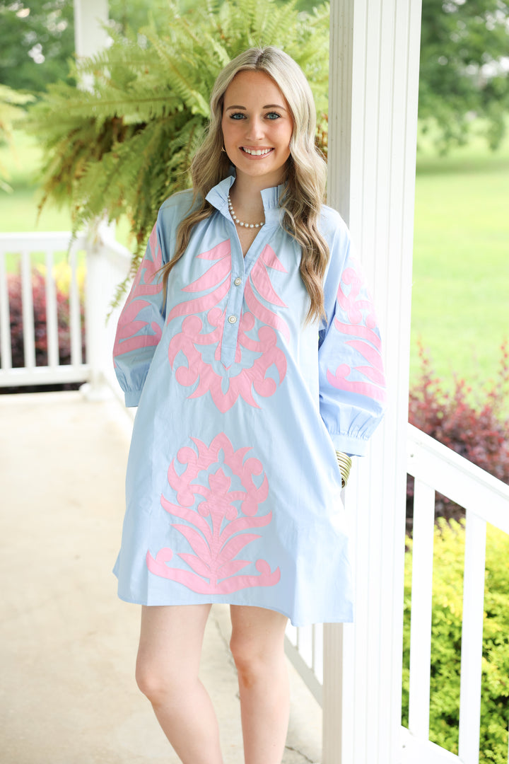 3/4 Sleeve Baroque Applique Detail Shift Dress "Powder Blue"