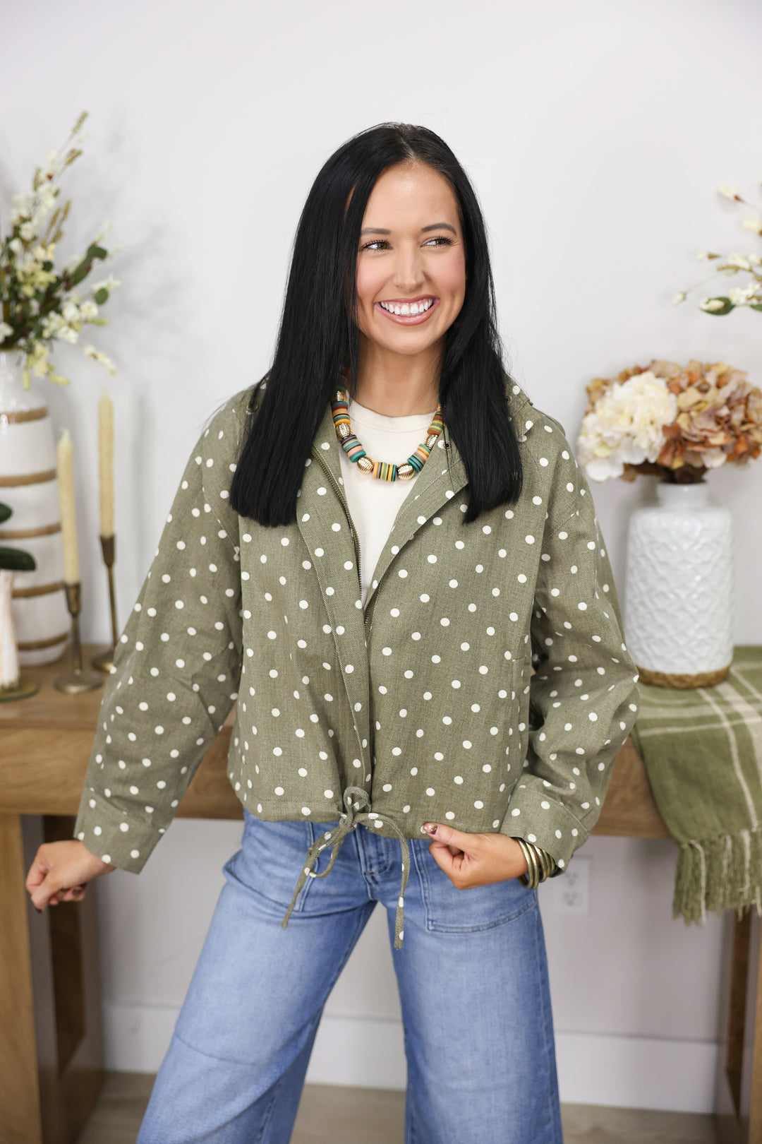 Polka dot Collared Long Sleeve Jacket "Olive"