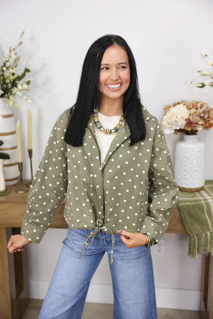 Polka dot Collared Long Sleeve Jacket "Olive"