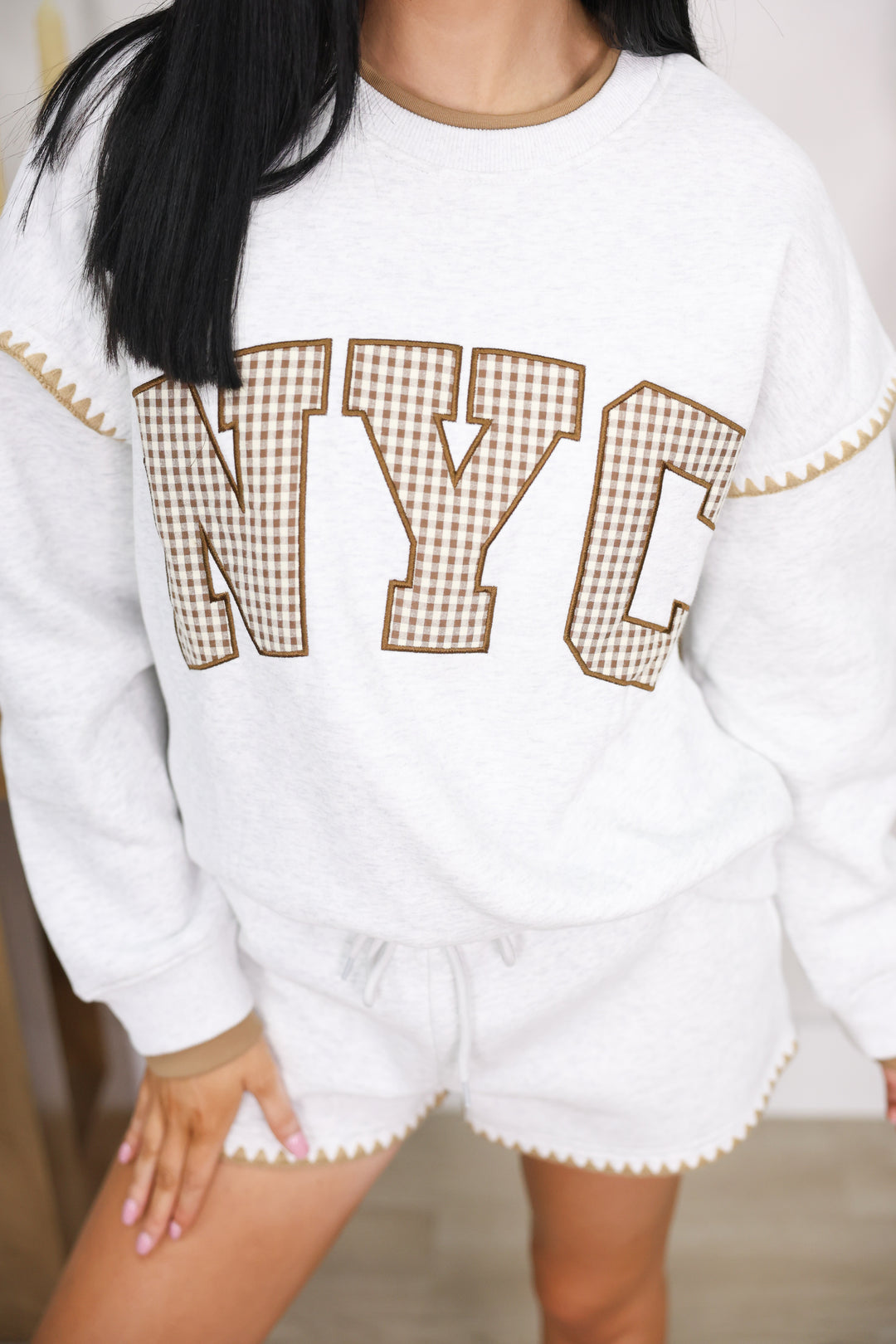 NYC Graphic Pulllover Top & Shorts Set "LT H Grey/Brown"