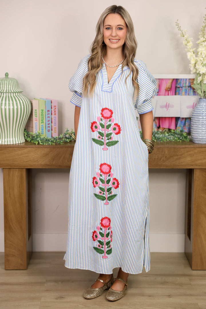 Sunday Stroll Stripe Floral Embroidery Dress "Blue"