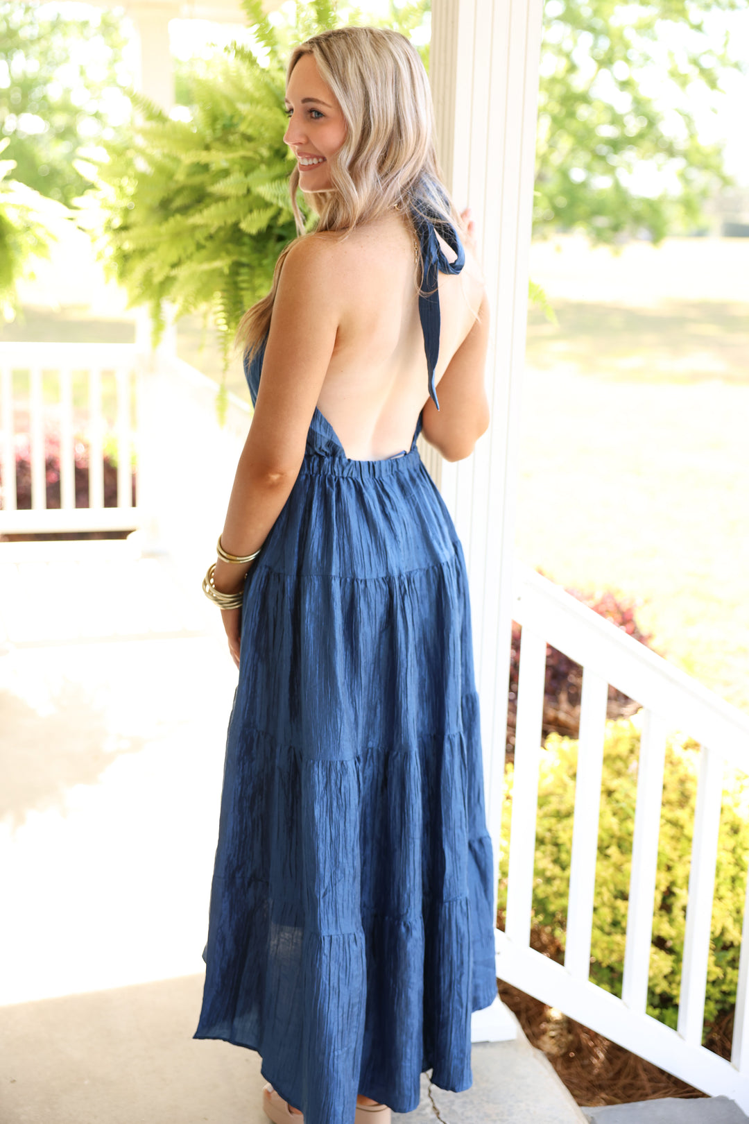 Halter Neck Tiered Maxi Dress Navy Medium