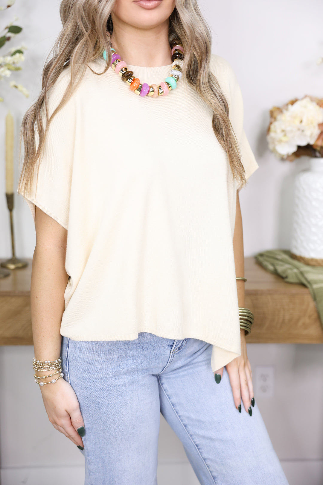 Solid Short Poncho Sleeve Sweater Top "Ecru"