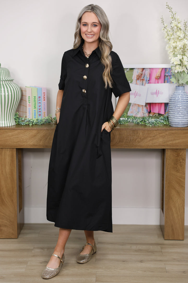 Solid Short Sleeve Midi Dress "Black"