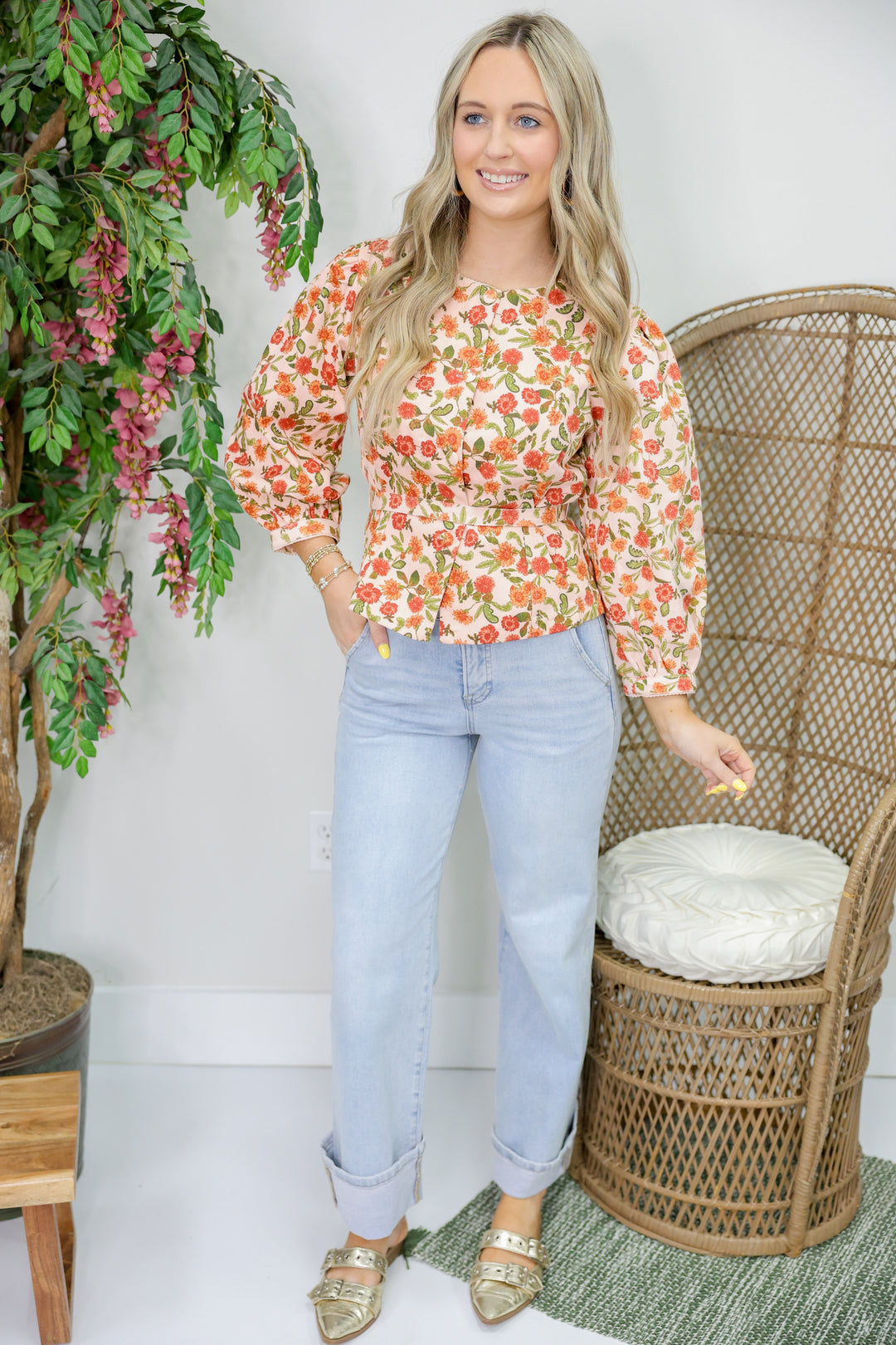 Peach Rust Floral Button Top