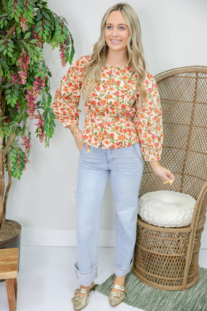 Peach Rust Floral Button Top