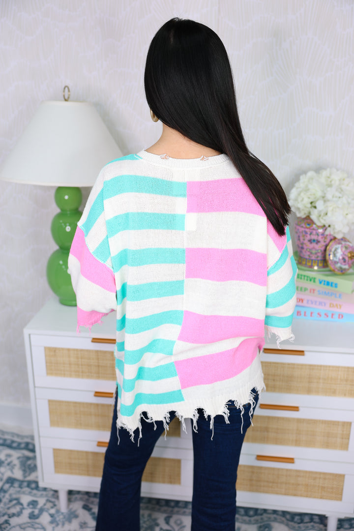 Stripe Knit Sweater Top "Mint/Pink"