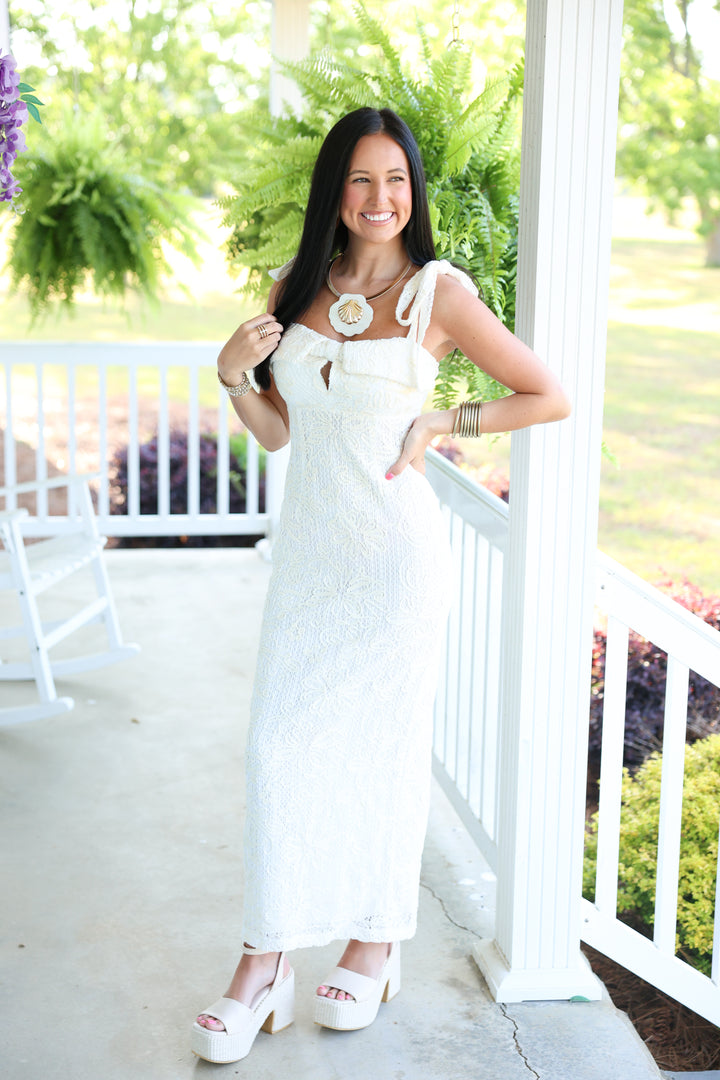 Crochet Embroidered Tie Shoulder Midi Dress "Off White"