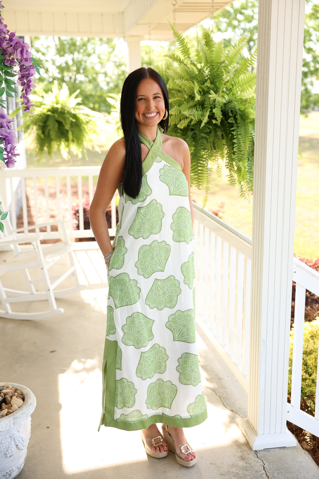 Shell Print Halter Neck Maxi Dress "Matcha"