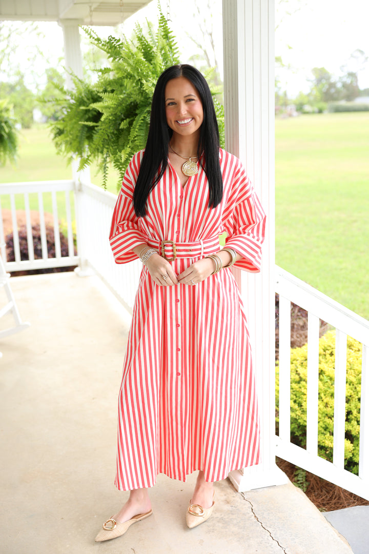 Camden Stripe Midi Dress "Red"