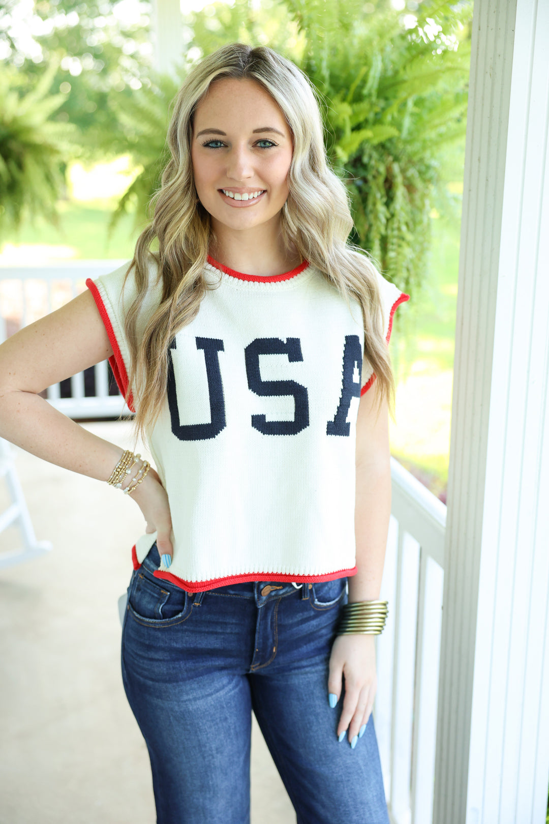 USA Graphic Cap Sleeve Top "Off White"