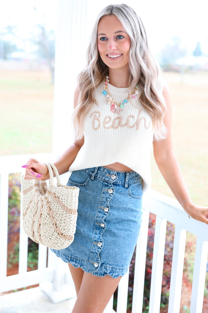 Scallop Buttoned Front Denim Skirt