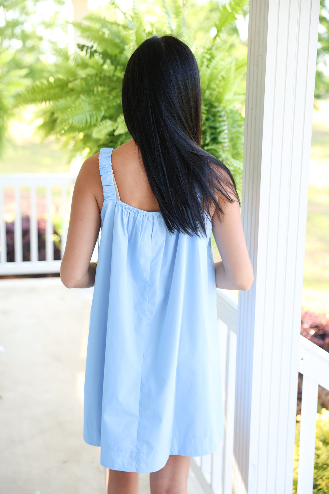 Poplin Mini Dress W/ Contrast Flower Applique "Blue/Cream"