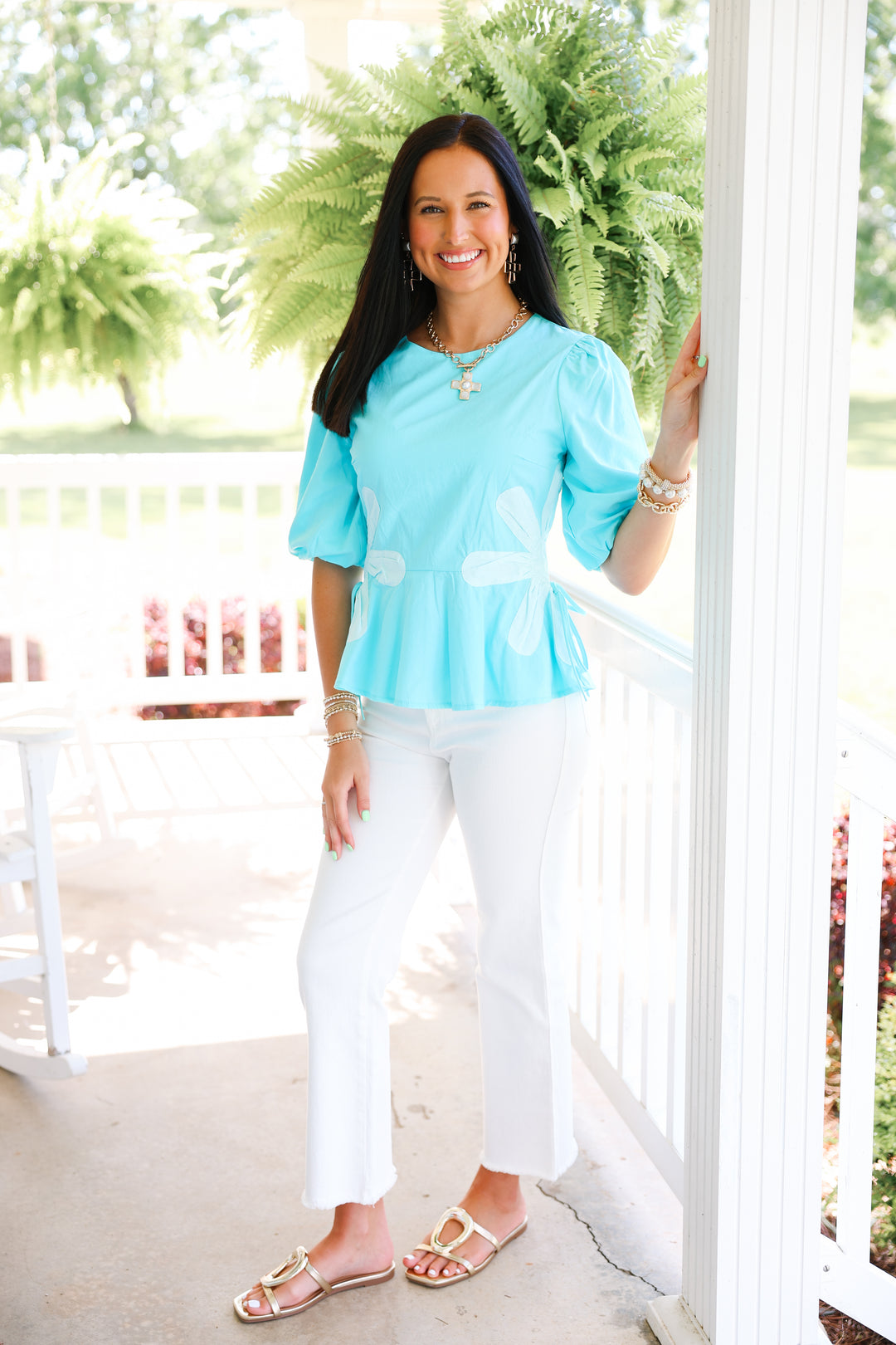 Floral Colorblock Poplin Top "Aqua Blue"