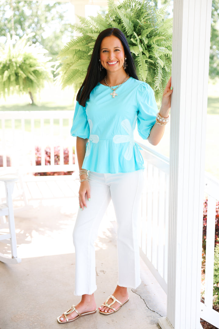 Floral Colorblock Poplin Top "Aqua Blue"