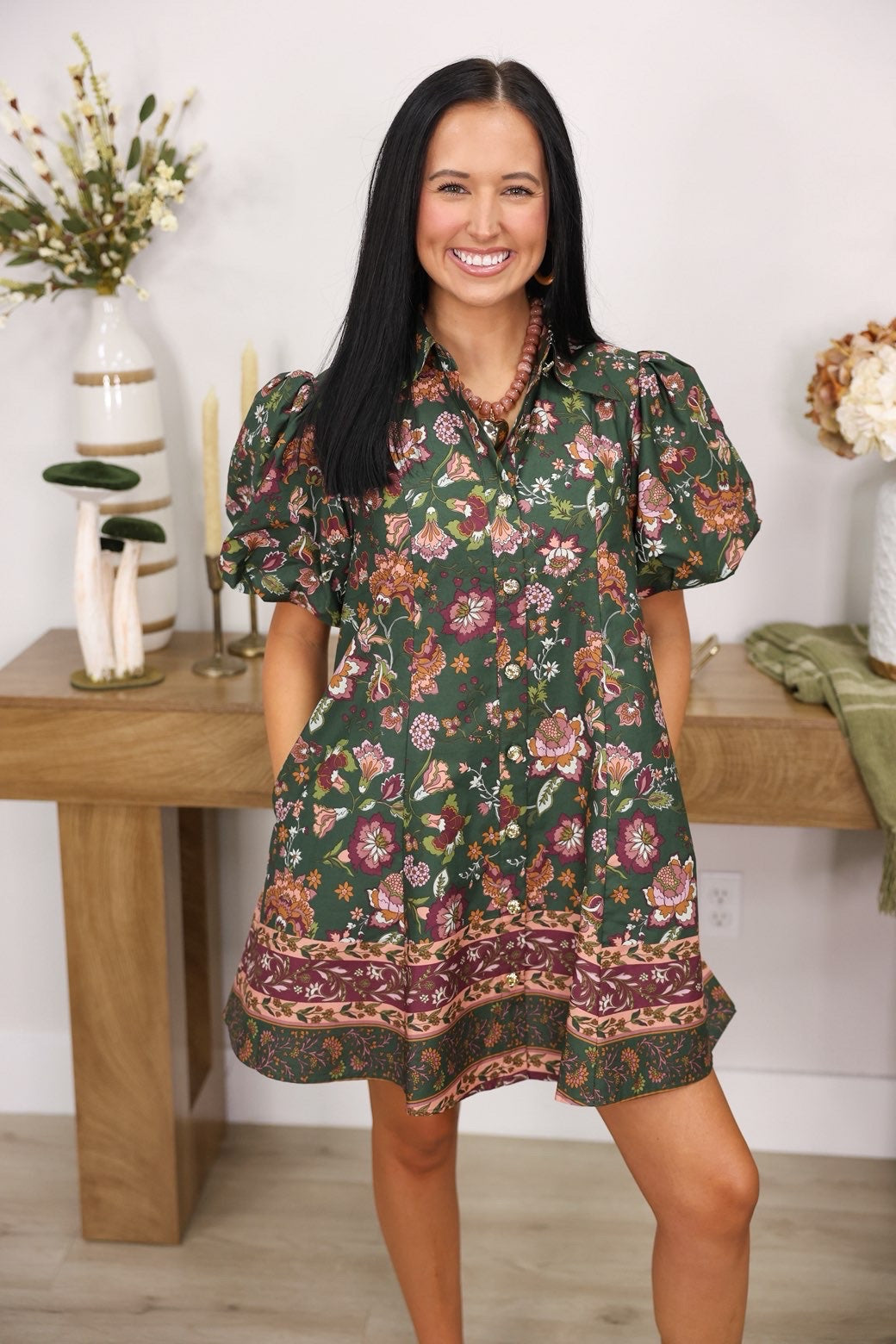 Harvest Bloom Dress "DK Green/Mauve"